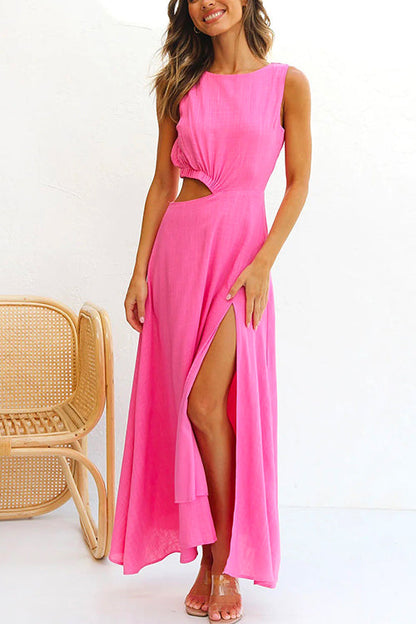 Sleeveless Cut Out Waist High Slit Maxi Swing Dress Pink