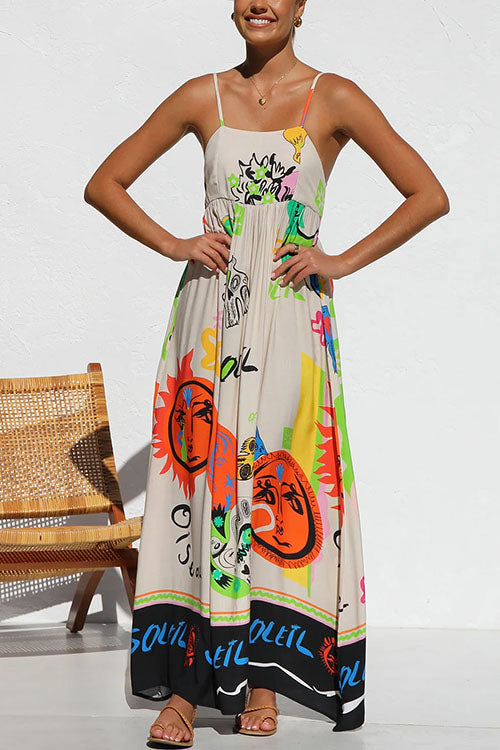 Tie Back Cut Out Graffiti Print Flowy Maxi Cami Dress Print