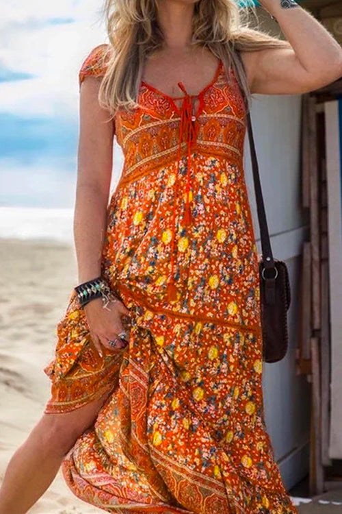 Tassel V Neck Bohemia Printed Maxi Beach Dress Orange