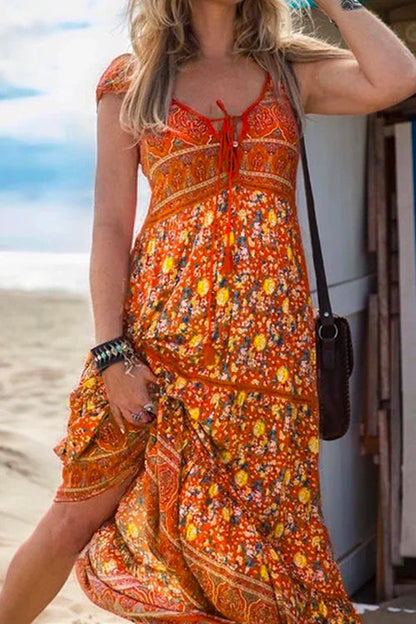 Tassel V Neck Bohemia Printed Maxi Beach Dress Orange