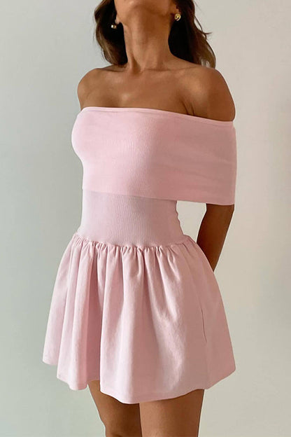 Off Shoulder Knit Ruffle Mini Dress