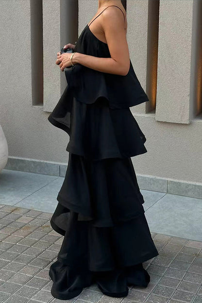 Spaghetti Strap Ruffle Layered Satin Maxi Dress