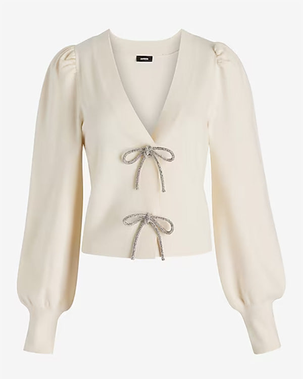 Clidress Fashion V-Neck Embellished Bow Cardigan