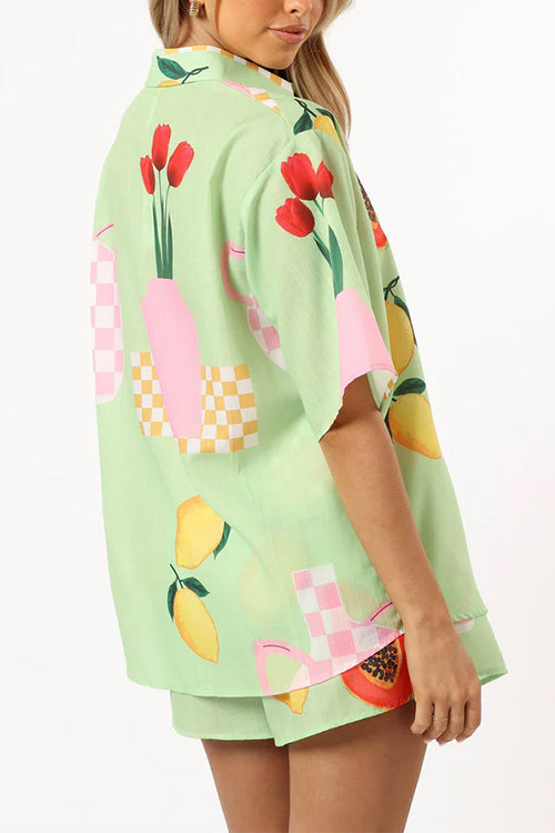 Resort Print Short Sleeves Blouse Shirt Elastic Waist Shorts Set