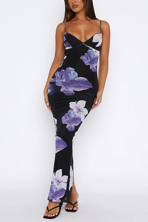 V Neck Spaghetti Strap Back Slit Floral Maxi Dress