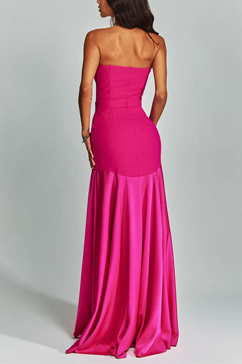 Mesh V Neck Strapless Splice Flare Maxi Party Dress