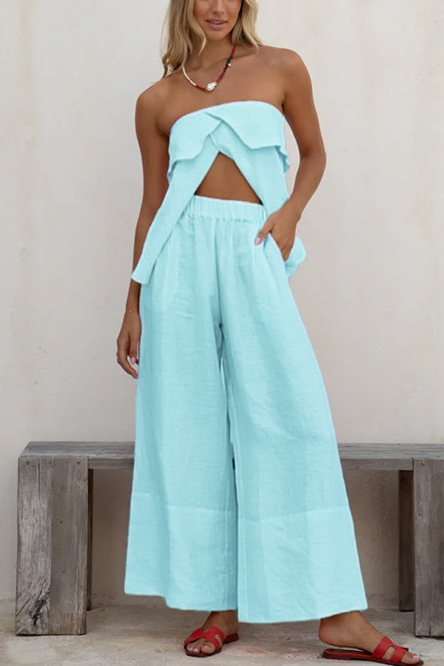 Strapless Ruffle Slit Top Elastic Waist Wide Leg Pants Set LightBlue