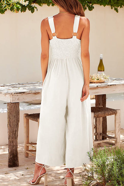 Ruched V Neck Cut Out Sleeveless Wide Leg Jumpsuit