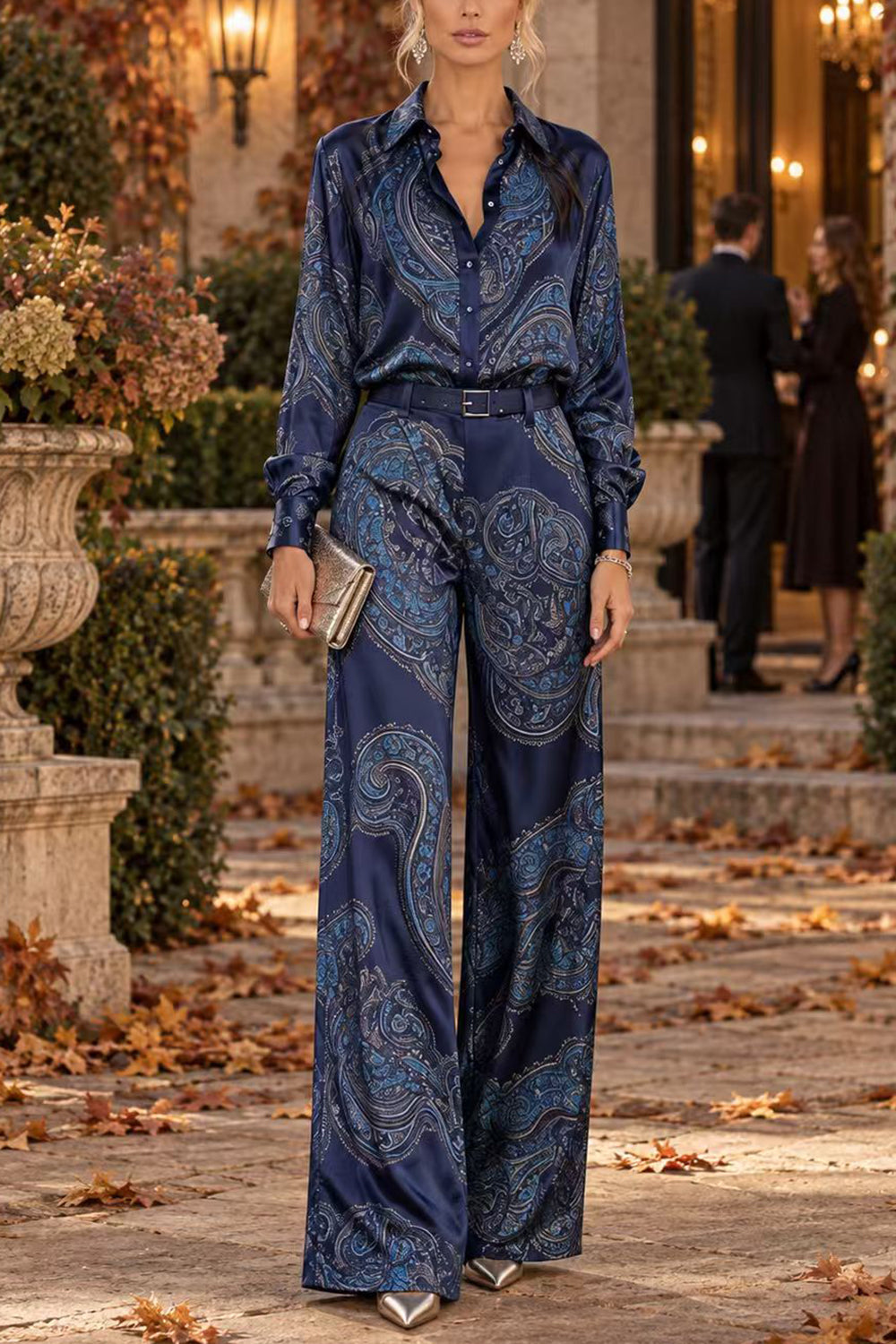 Lapel Long Sleeves Shirt High Rise Pocketed Straight Leg Pants Paisley Print Set (B)