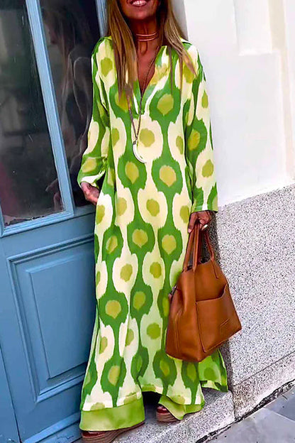 V Neck Side Split Printed Maxi Holiday Dress Green