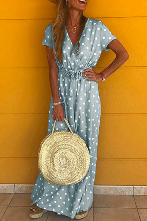 V Neck Short Sleeve Tie Waist Polka Dot Maxi Holiday Dress Gray