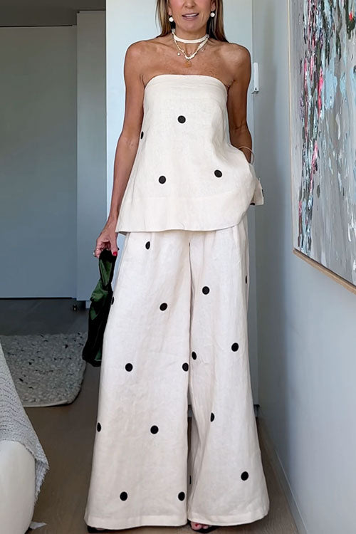 Polka Dot Strapless Top and Wide Leg Palazzo Pants Set