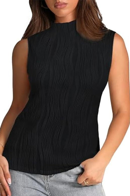 Sleeveless Mockneck Textured Summer Top Black