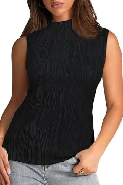 Sleeveless Mockneck Textured Summer Top Black