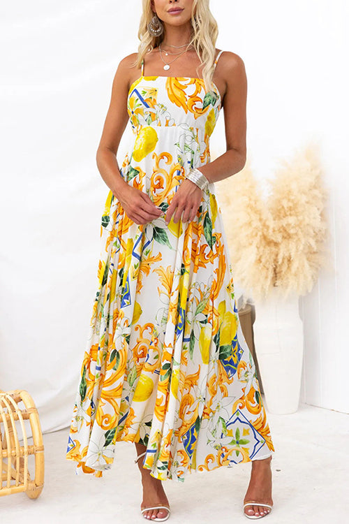 Bow Back High Waist Printed Maxi Cami Dress Yellow