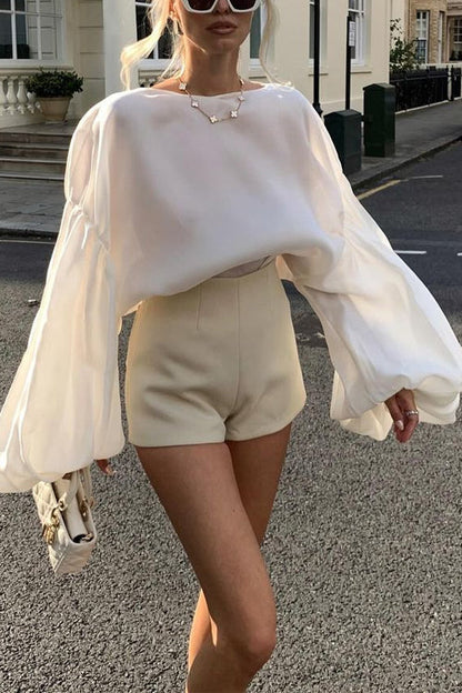 Stylish Boat Neck Puff Sleeves Satin Top