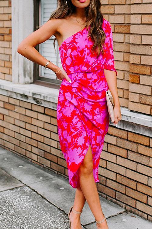 One Shoulder Waisted Ruched Floral Dress Pink