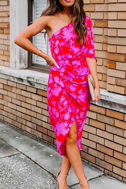 One Shoulder Waisted Ruched Floral Dress Pink