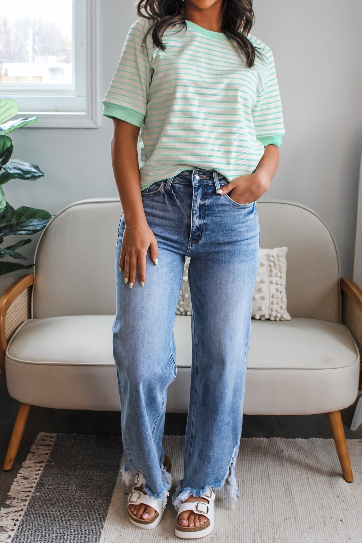 Green Stripe Colorblock Trim Round Neck Short Sleeve Tee