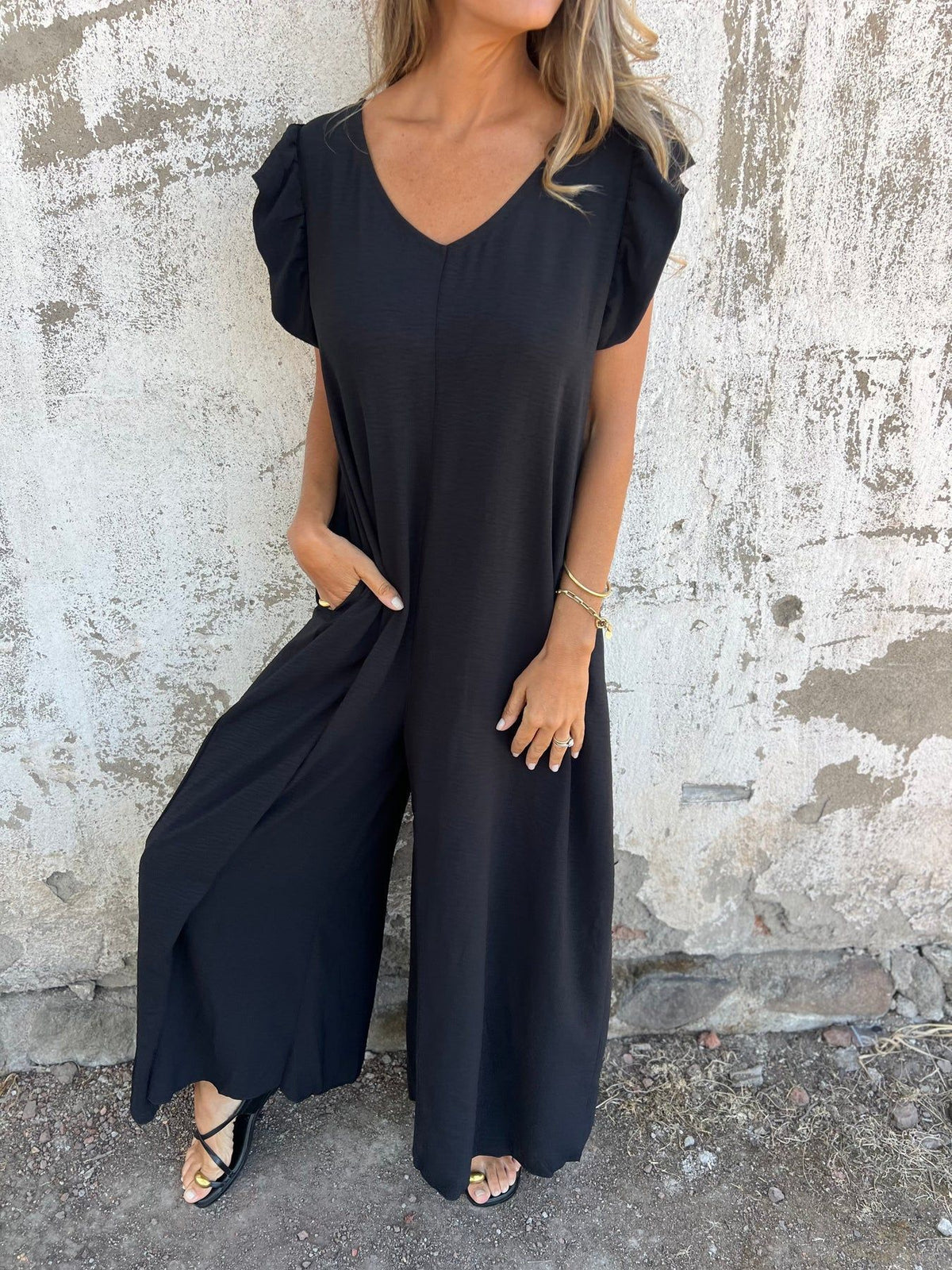 Women's V-Neck Leopard Print & Solid Jumpsuit