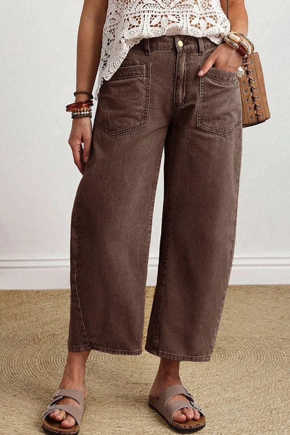 Solid Color Square Patch Pocket Ankle-length Barrel Jeans