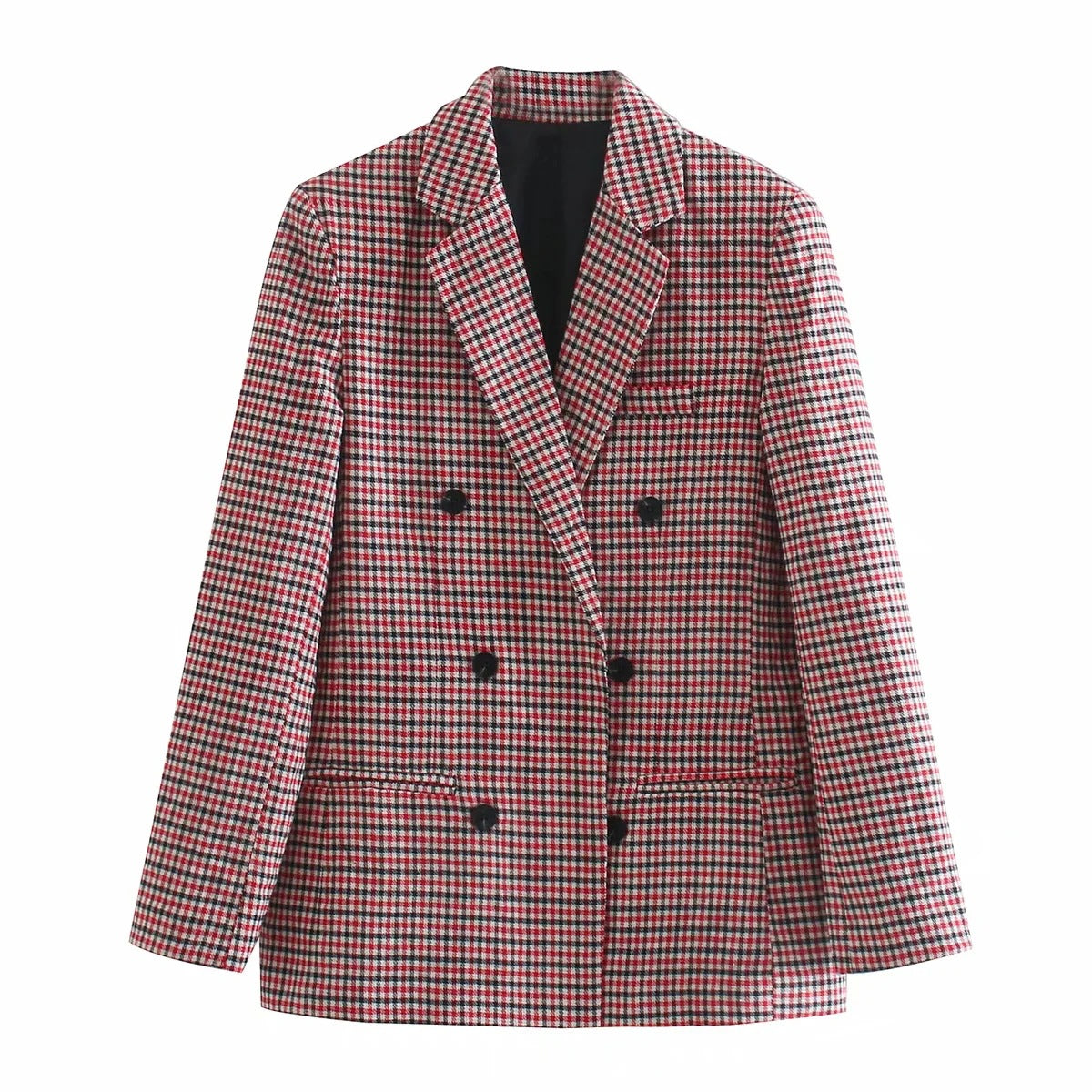Vintage Single Breasted Long Sleeve Plaid Women Padded Shoulder Blazer Multi