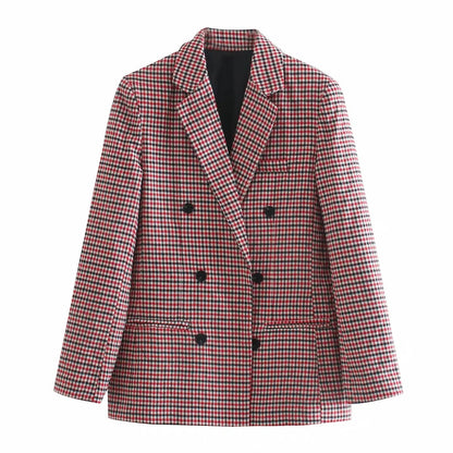 Vintage Single Breasted Long Sleeve Plaid Women Padded Shoulder Blazer Multi