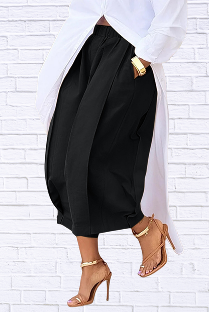 Plus Size Wide Leg Pleated Detail Cropped Pants Black