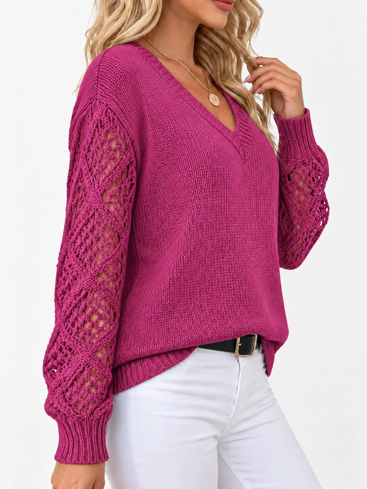 Full Size V-Neck Hollow-Out Long Sleeve Sweater Plus Size