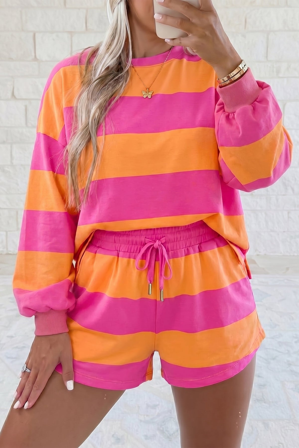 Pink Stripe Long Sleeve Casual Top Drawstring Shorts 2pcs Set