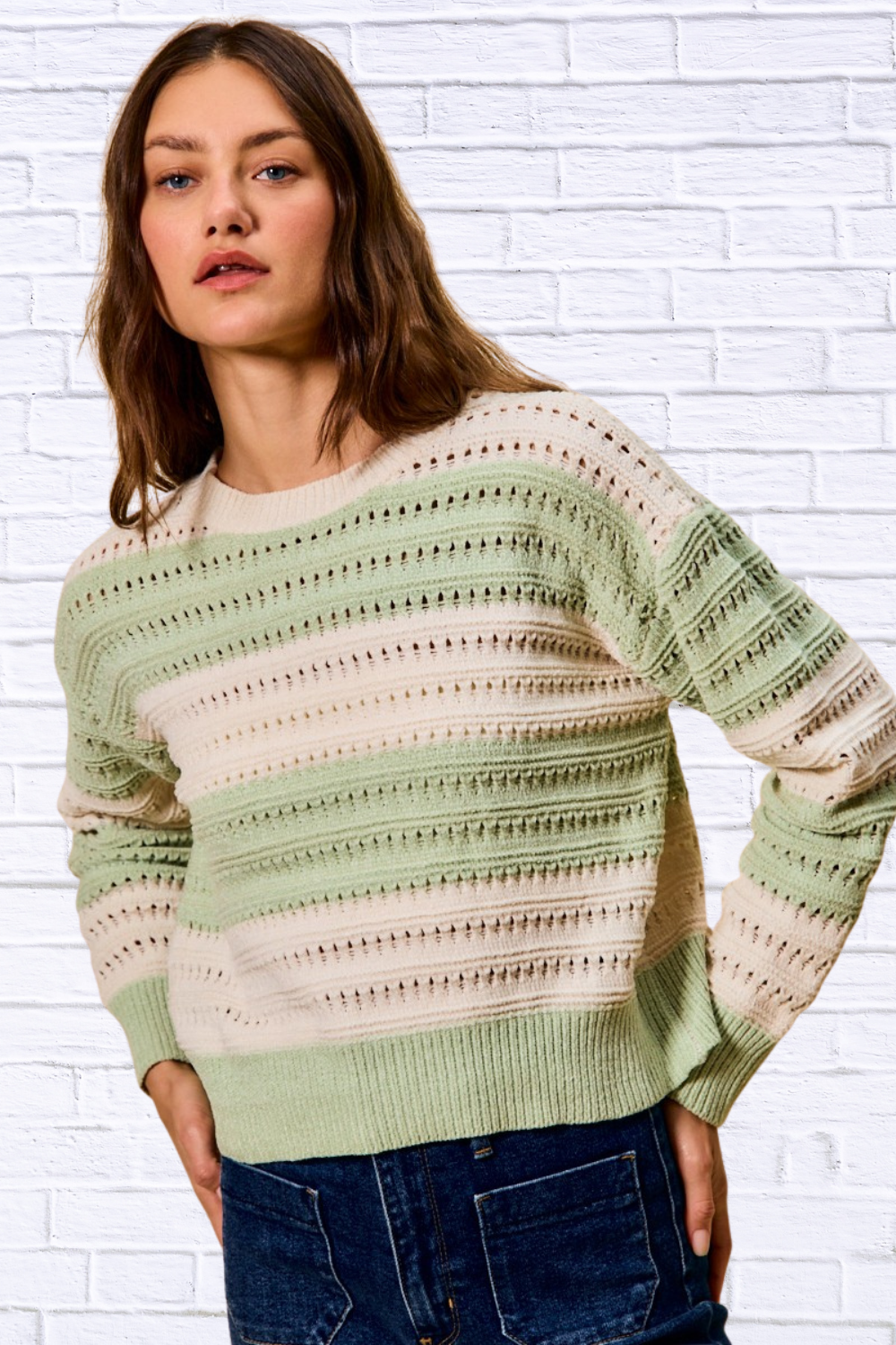 Wendy Openwork Round Neck Wide Stripe Textured Sweater