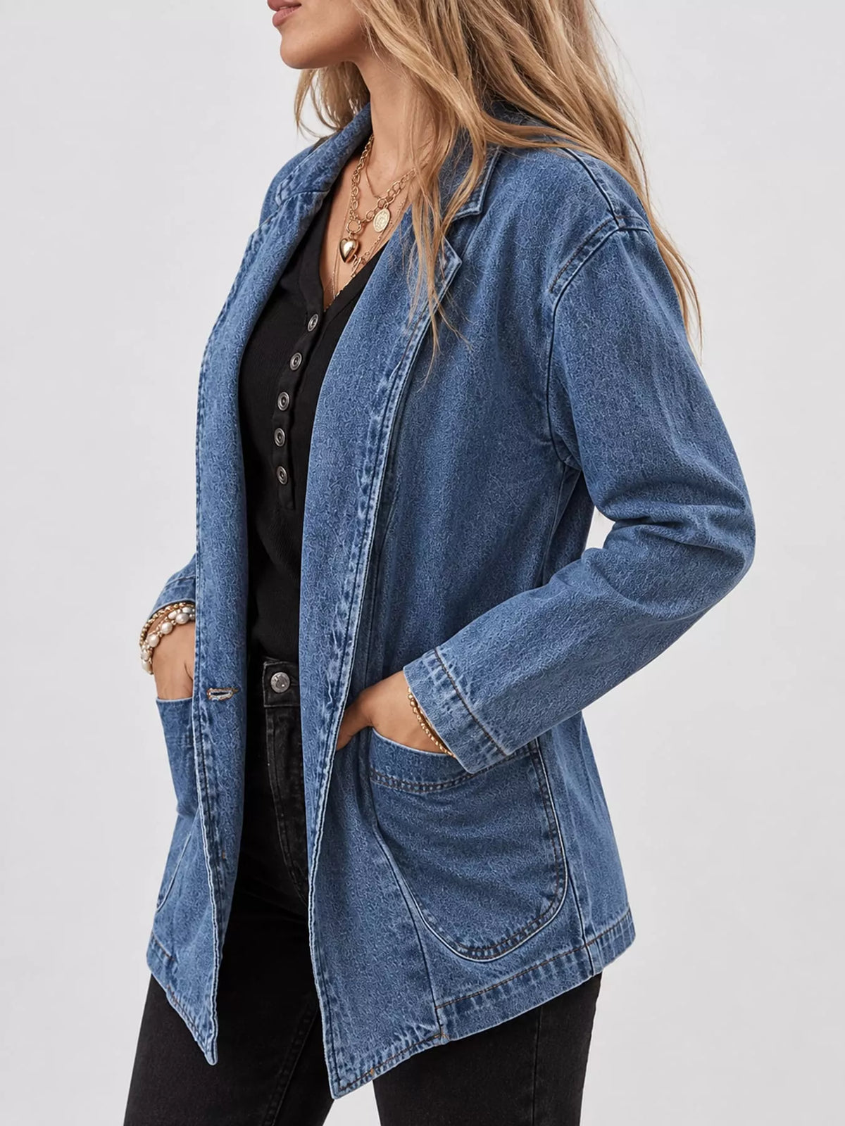 Full Size Casual One-Button Denim Blazer Jacket Plus Size