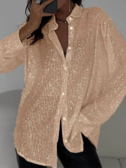 Full Size Sequin Button-Down Shirt Plus Size