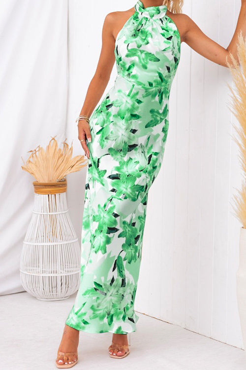 Tie Neck Backless Floral Printed Maxi Flowy Dress Green