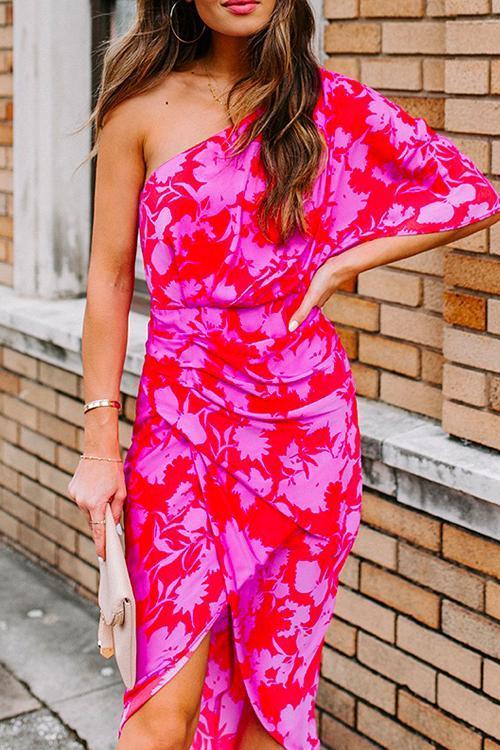 One Shoulder Waisted Ruched Floral Dress