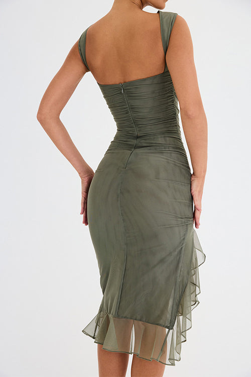 Sleeveless Ruffle High Low Hem Ruched Bodycon Dress