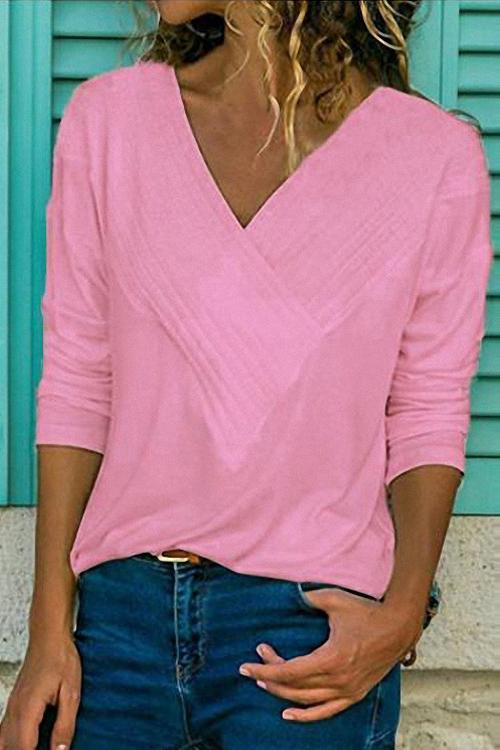 Classic V-neck Long Sleeve Basic Tops Pink