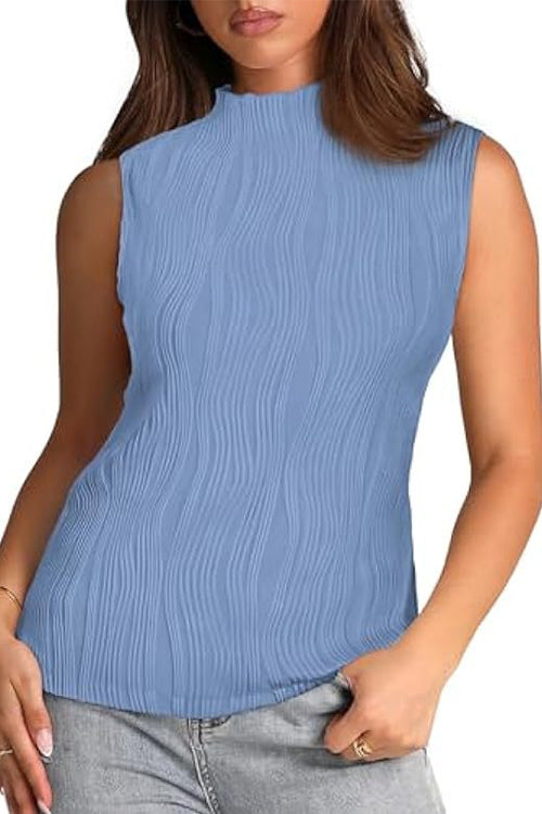 Sleeveless Mockneck Textured Summer Top LightBlue