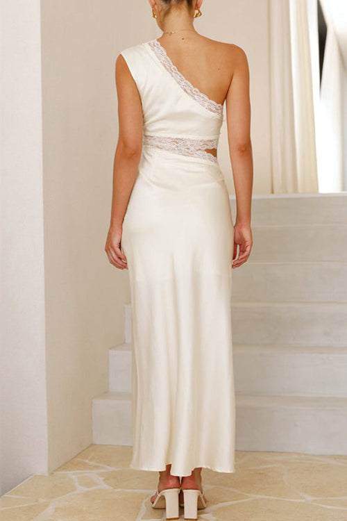 One Shoulder Lace Trim Cut Out Sleeveless Maxi Dress