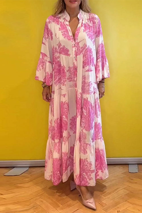 V Neck Bell Sleeves Ruffle Tiered Printed Maxi Dress Pink