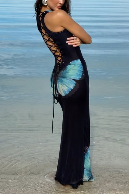 Back Lace-up Sleeveless Butterfly Print Maxi Dress Black