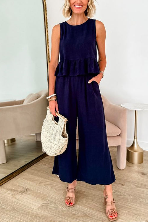 Sleeveless Ruffle Top Wide Leg Pants Set DarkBlue