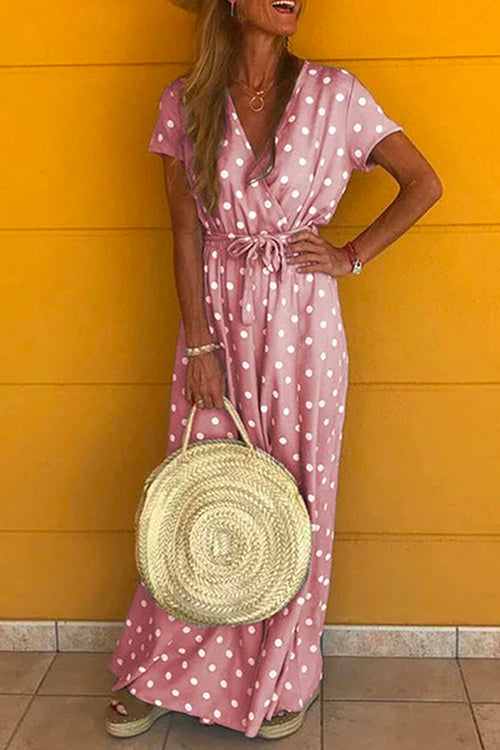 V Neck Short Sleeve Tie Waist Polka Dot Maxi Holiday Dress Pink