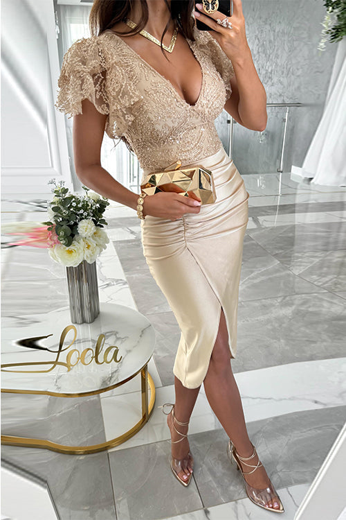 V Neck Ruffle Sleeves Slit Sequin Midi Party Dress