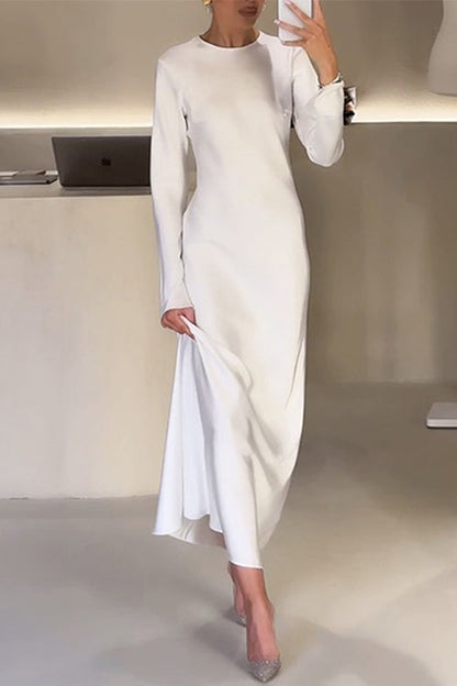 Round Neck Long Sleeves Satin Maxi Party Dress