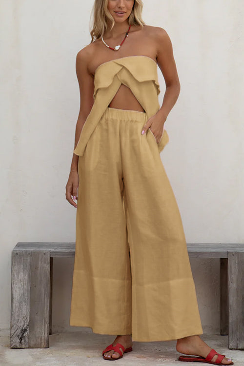 Strapless Ruffle Slit Top Elastic Waist Wide Leg Pants Set Khaki