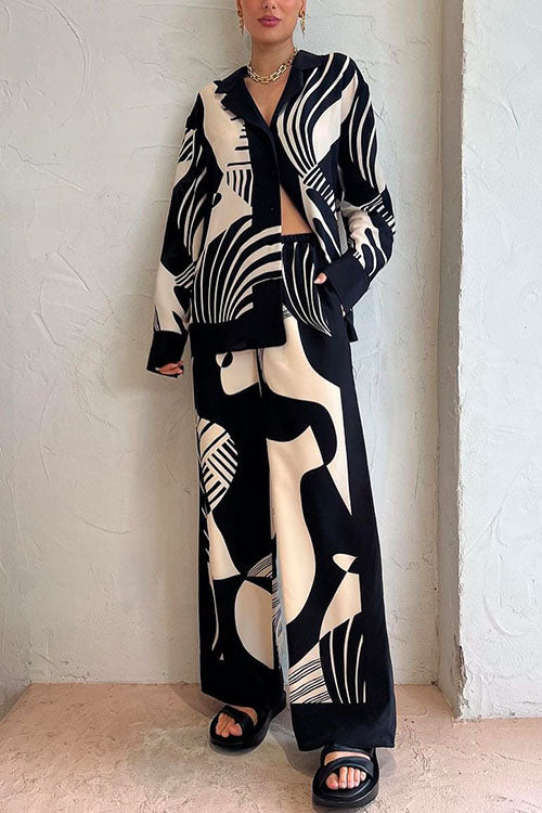 Graphic Printed Long Sleeve Blouse Shirt Wide Leg Pants 2 Pieces Set Black