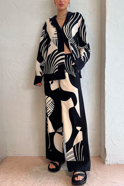 Graphic Printed Long Sleeve Blouse Shirt Wide Leg Pants 2 Pieces Set Black