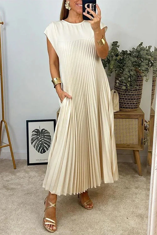 Cap Sleeves Pocketed Loose Pleated Maxi Dress Beige