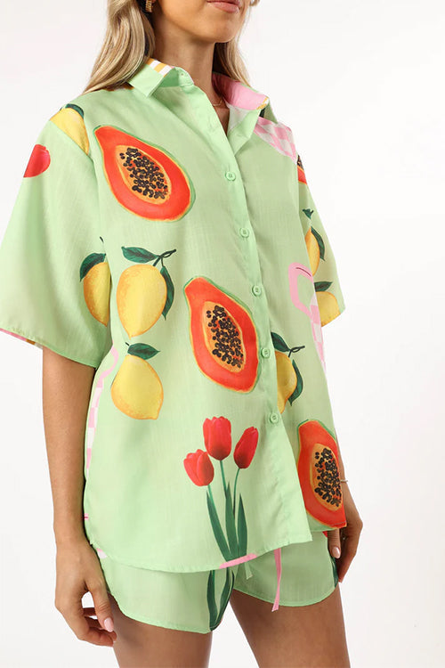 Resort Print Short Sleeves Blouse Shirt Elastic Waist Shorts Set